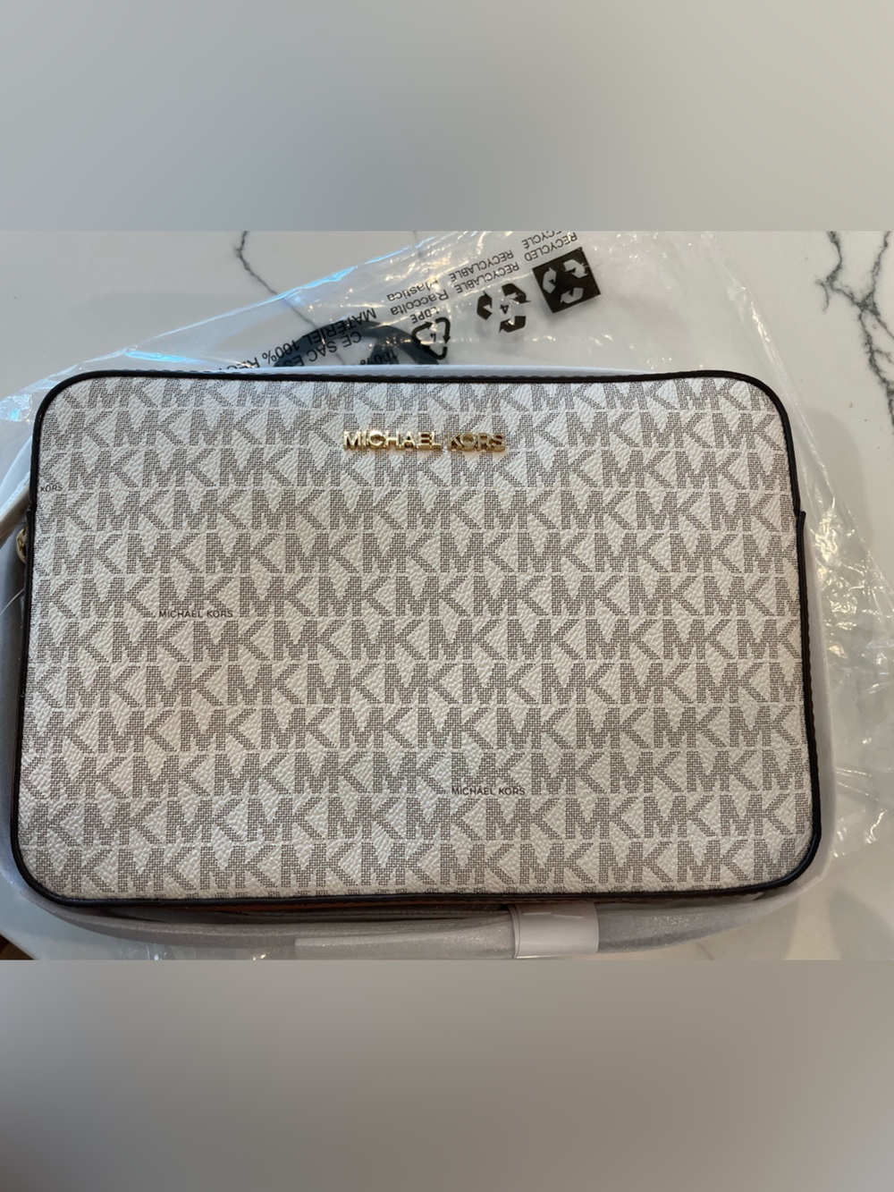 Michael Kors Large Jet Set Printed Logo Crossbody Bag Vanilla